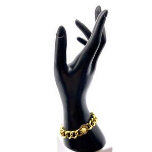 Chic Vintage Chain Link Bracelet, Gold Tone Chunky Curb Links with Beige Enamel